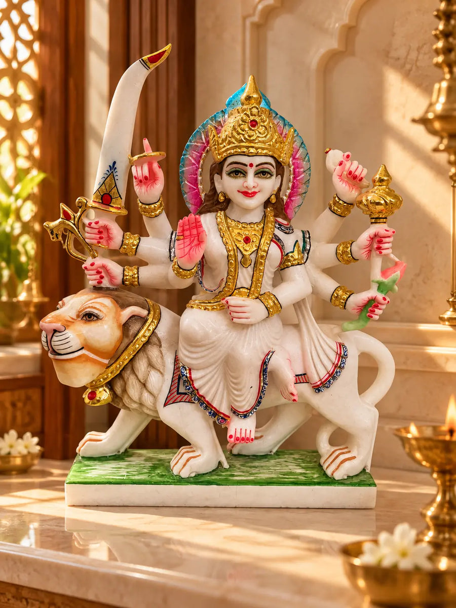 Maa Durga marble murti — full view with lion