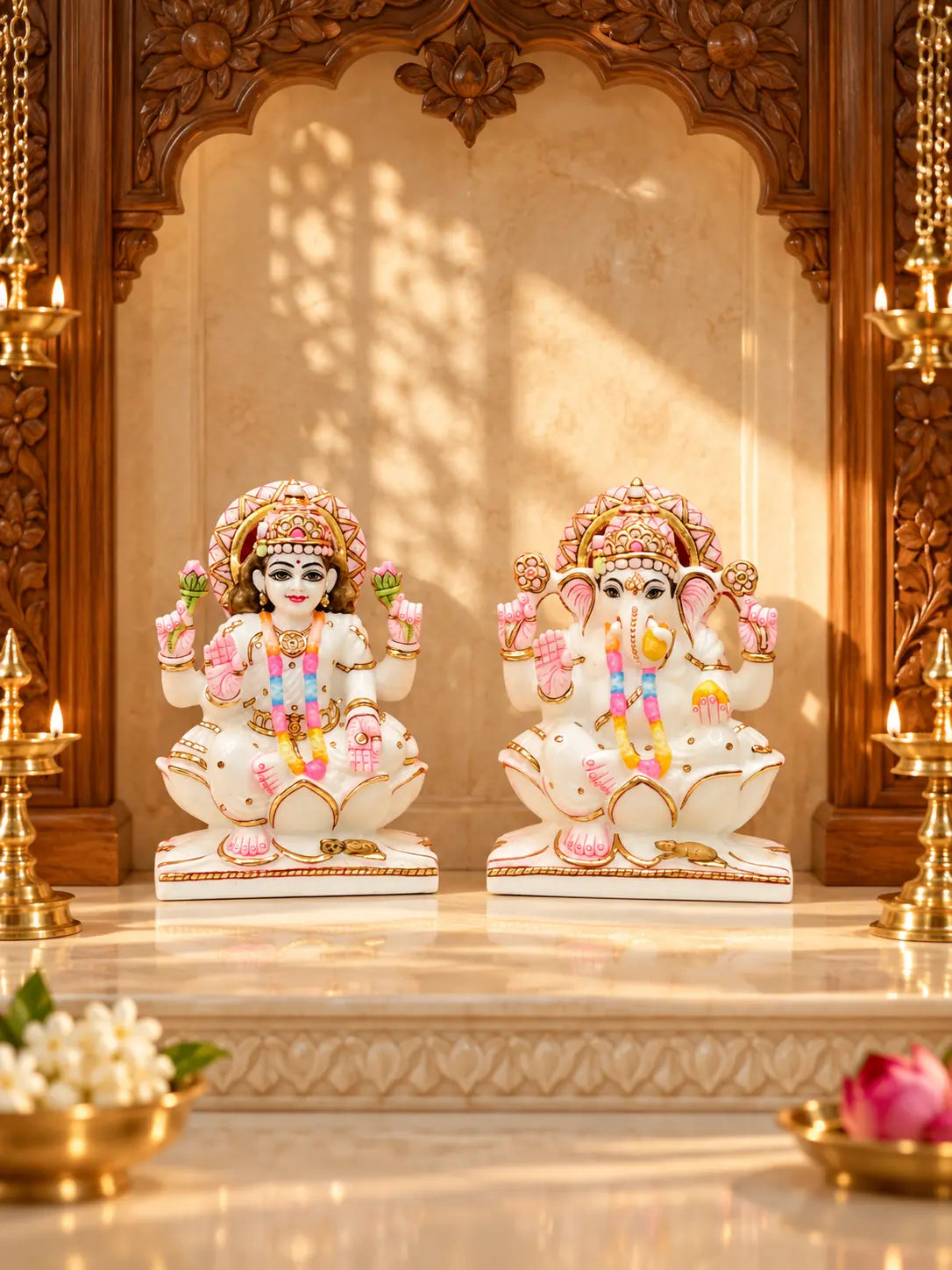 Lakshmi Ganesha marble pair — full view