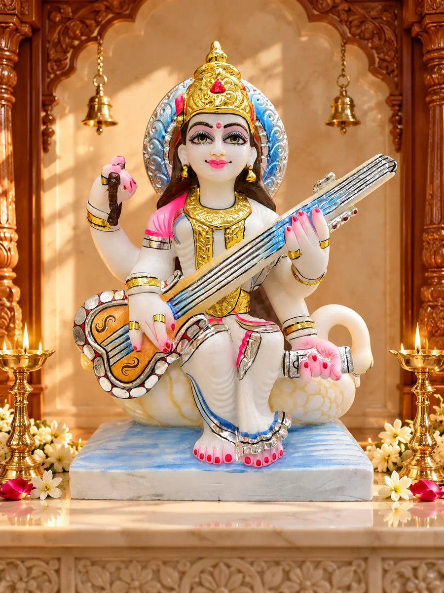 Maa Saraswati marble murti — full view